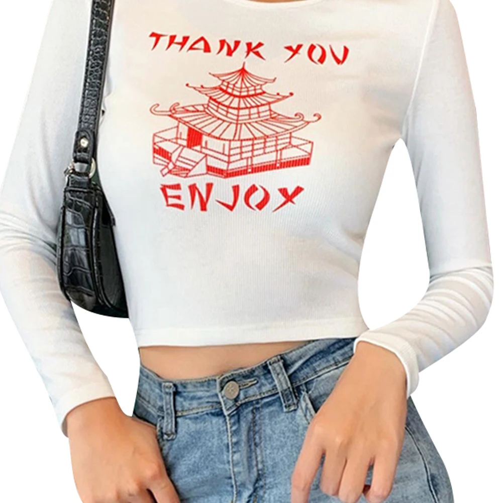 Женская футболка с длинным рукавом круглым вырезом и буквенным принтом|Футболки|