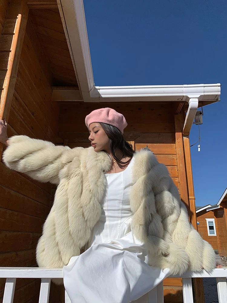 Women Winter Real Fur Coat Natural Whole Skin Genuine Fox Fur Coats Medium Length V-neck Thick Warm Fur Overcoat Trendy Female