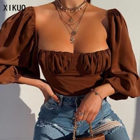 ln321 wrap chest open back t shirt women long sleeve pleat a word collar pure color new top women sexy tight basic t shirt