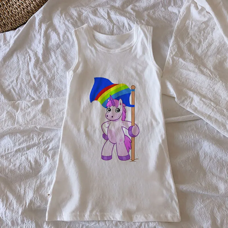 Новое модное платье с единорогом детское летнее принтом милое Повседневное для