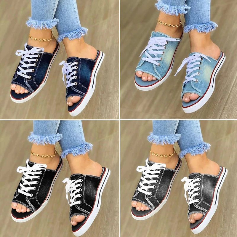 

2020 Fashion Women Canvas Sandals Breathable Summer Slippers Lace Up Open Toe Ladies Faux Denim Flat Shoes Zapatos Mujer