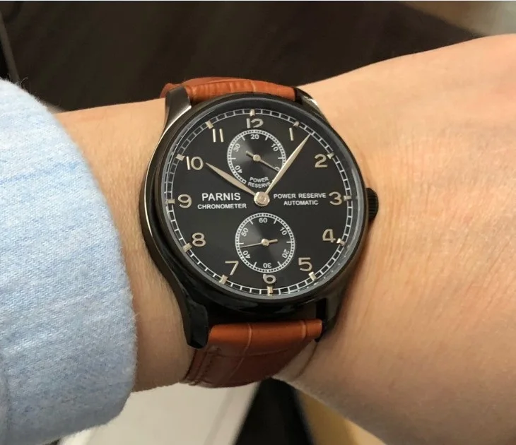 Brown watch band 43 мм PARNIS запас хода автоматический самоветер механический механизм черный циферблат PVD чехол Бабочка Пряжка мужские часы pa200-p8 - Цвет: Brown watch band