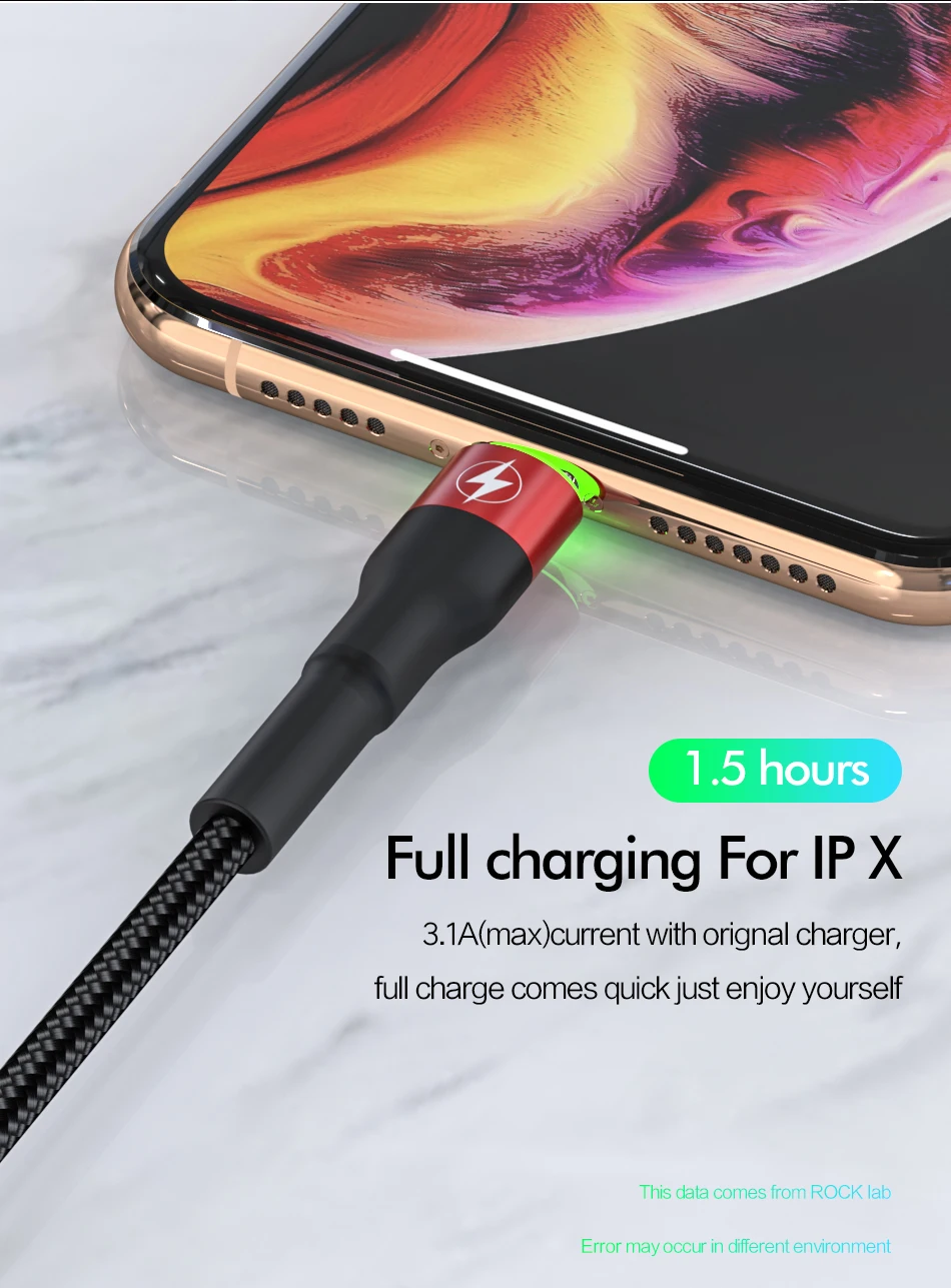 ROCK Metal Led usb-кабель со светом для iPhone 11 Xs MAX Xr X 8 7 6 6s Plus Быстрая зарядка для iPad 100 см 200 см 50 см Быстрая зарядка данных