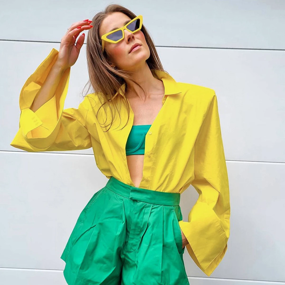 

Fashion New Casual Turn Down Collar Minimalist Loose Yellow Shirts Button Lapel Cardigan Top Lady Shirts for Blouses