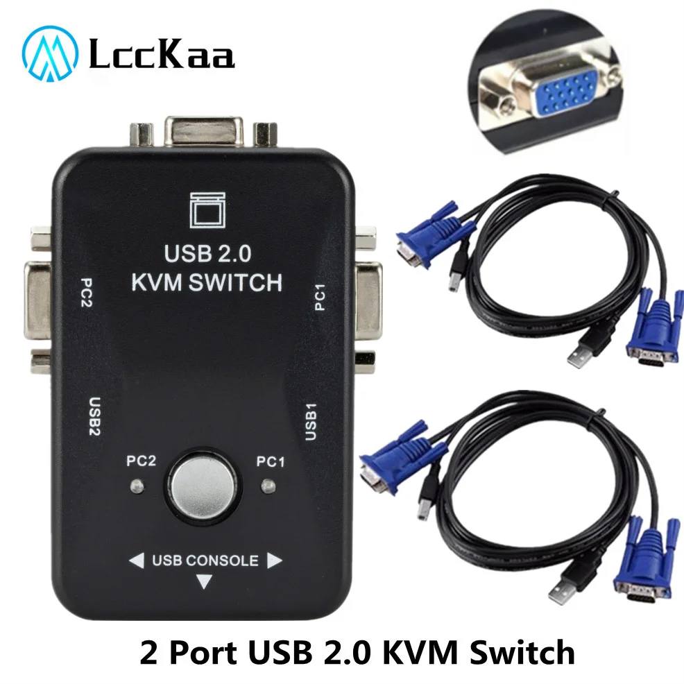 USB 2.0 KVM Switch Switcher 1920*1440 VGA SVGA Switch Splitter Box 2 Port with Two Cables for Keyboard Mouse Monitor Computer