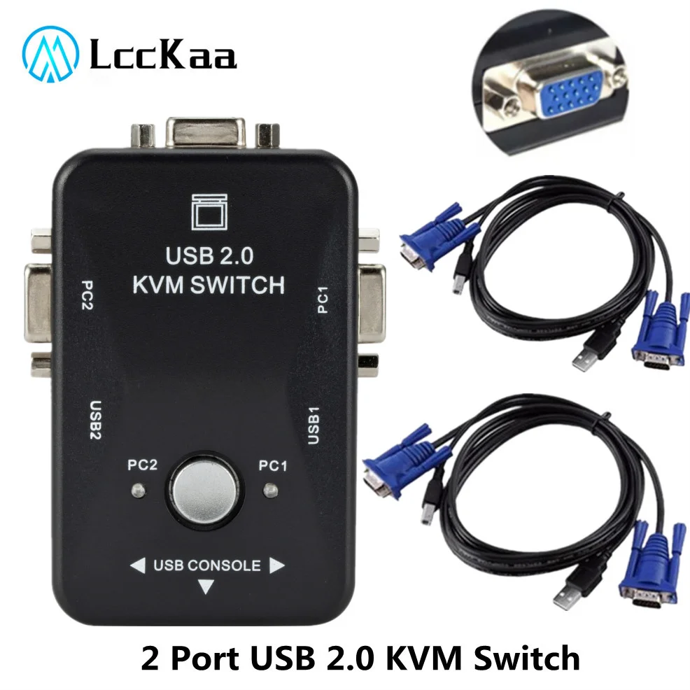 Квм-переключатель USB 2,0, 1920*1440, разветвитель VGA, 2 порта с двумя кабелями для клавиатуры, мыши, монитора, компьютера - изображение