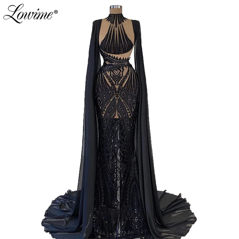 Lowime Black Long Capped Sleeves Dubai Design Evening Dresses See Through Lace With Handmade Beaded Arabic Party Prom Gowns Robe