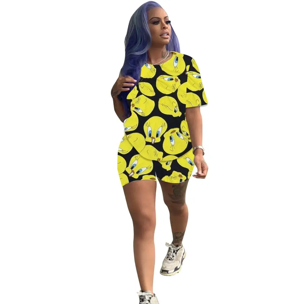 

The new cute women's cartoon design printed round-neck short-sleeved shorts two-piece casual sports suit