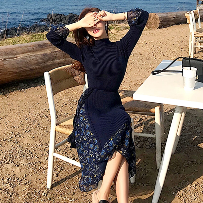 Женские вязаные платья на осень и зиму эластичные кружевные лоскутные с длинным