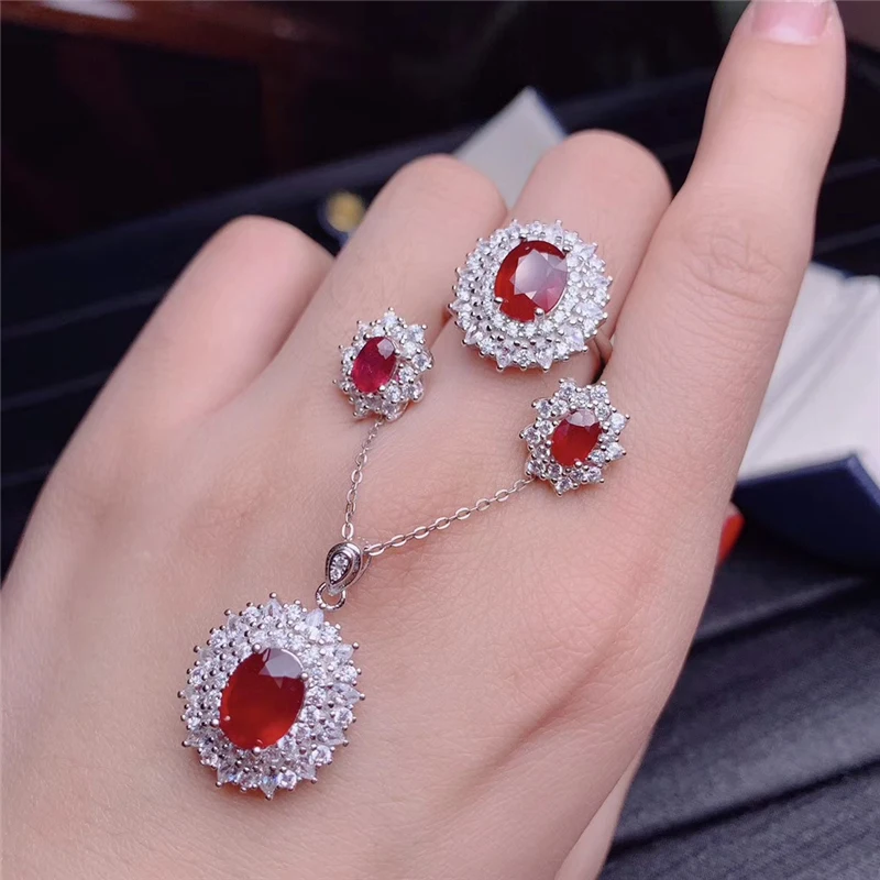 

PROCOGEM Natural Heated Ruby Jewelry sets for Women Party Ring Necklace Earrings Genuine Red gemstones 925 Silver & Zircon #760