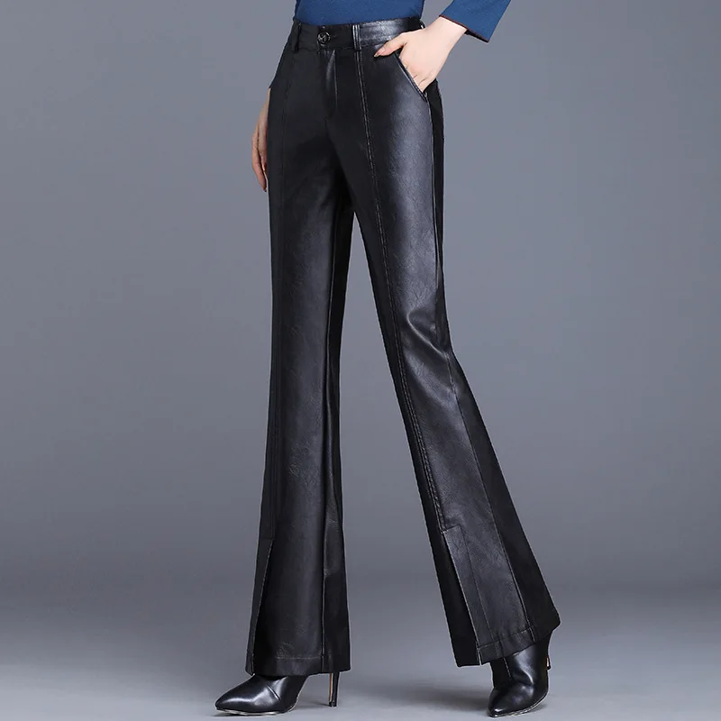 Black Faux Leather Pants Women Autumn Winter High Waist Slim Office Ladies Formal Flare Pu Trousers Slit Work Big Size 4XL | Женская