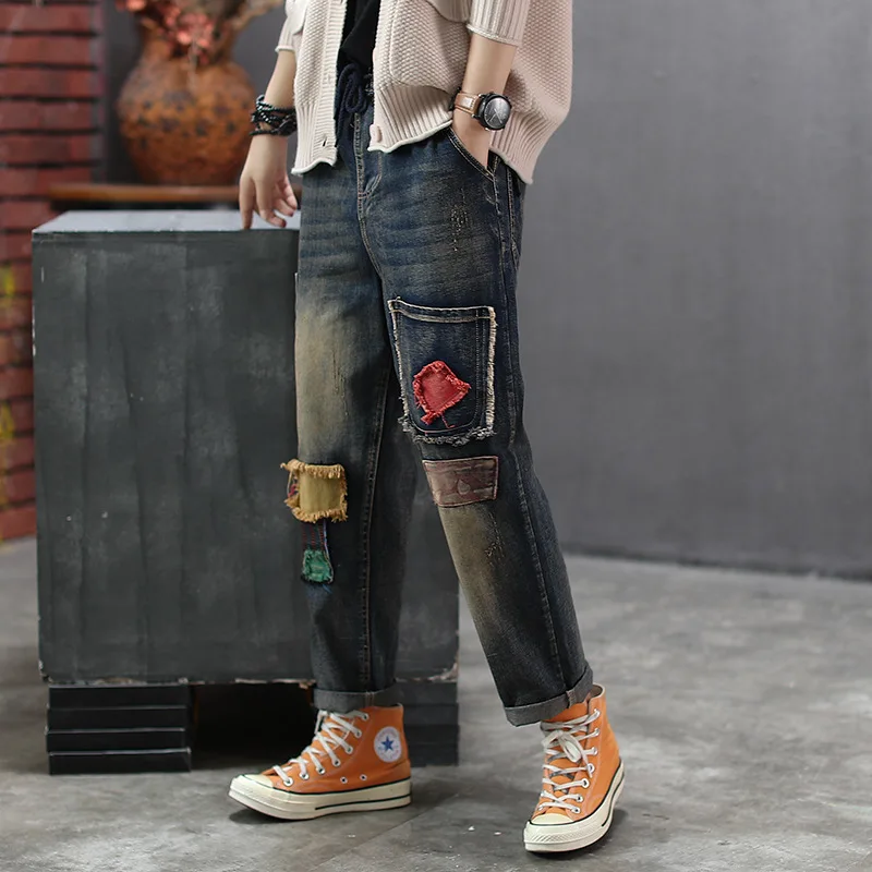Осенние джинсы женские Ретро Свободные повседневные джинсовые брюки с