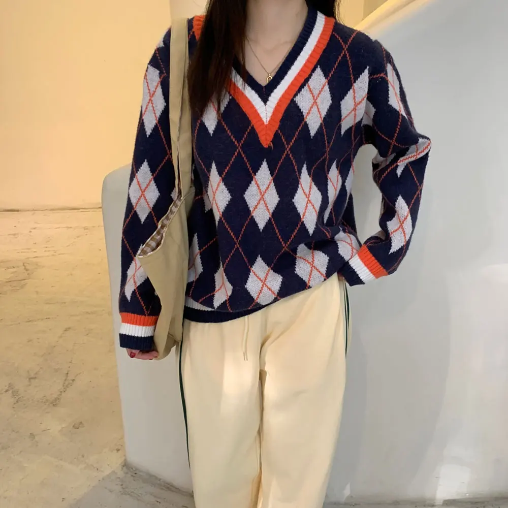 

Vintage Argyle Patterm Women Sweater Autumn Long Sleeve V-Neck Pullovers Jumpers Fashion Knitted Sweater YOU1131