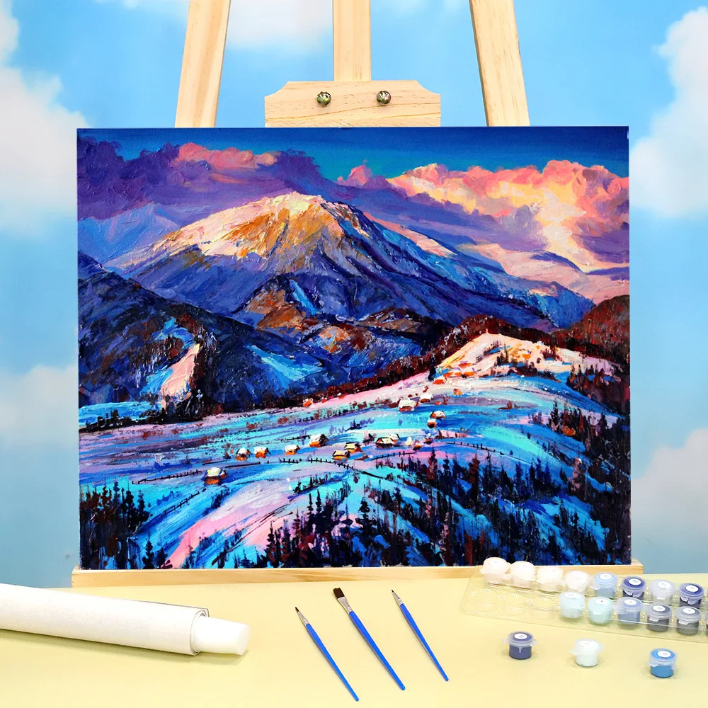 Пейзаж горная деревня DIY Краска по номерам пакет масляные краски 50*70 масляная