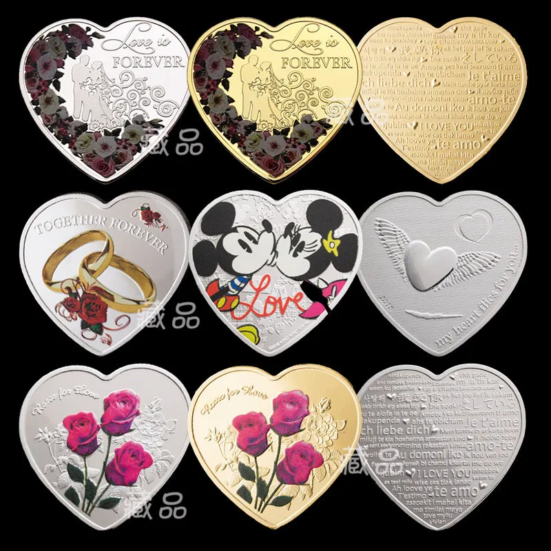 

Disney Mickey Mouse Heart-shaped Love Gold-plated Commemorative Coin Cartoon Valentine's Day Rose Flower Ring Gold/silver Coins