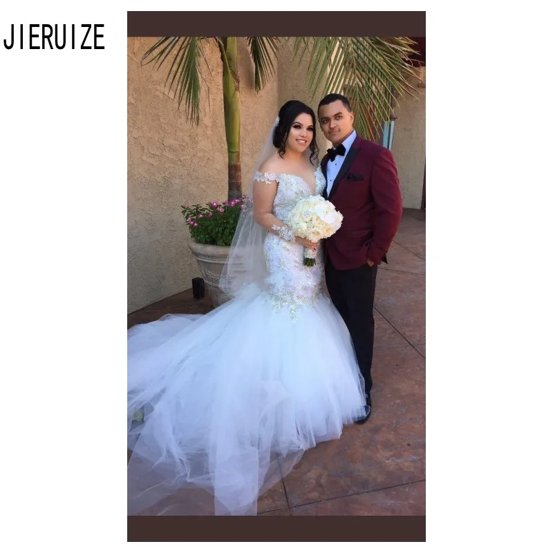 

JIERUIZE Luxury Mermaid Wedding Dresses Off the Shoulder Long Sleeve Full Beaded Wedding Gowns Lace Appliques robe de mariee