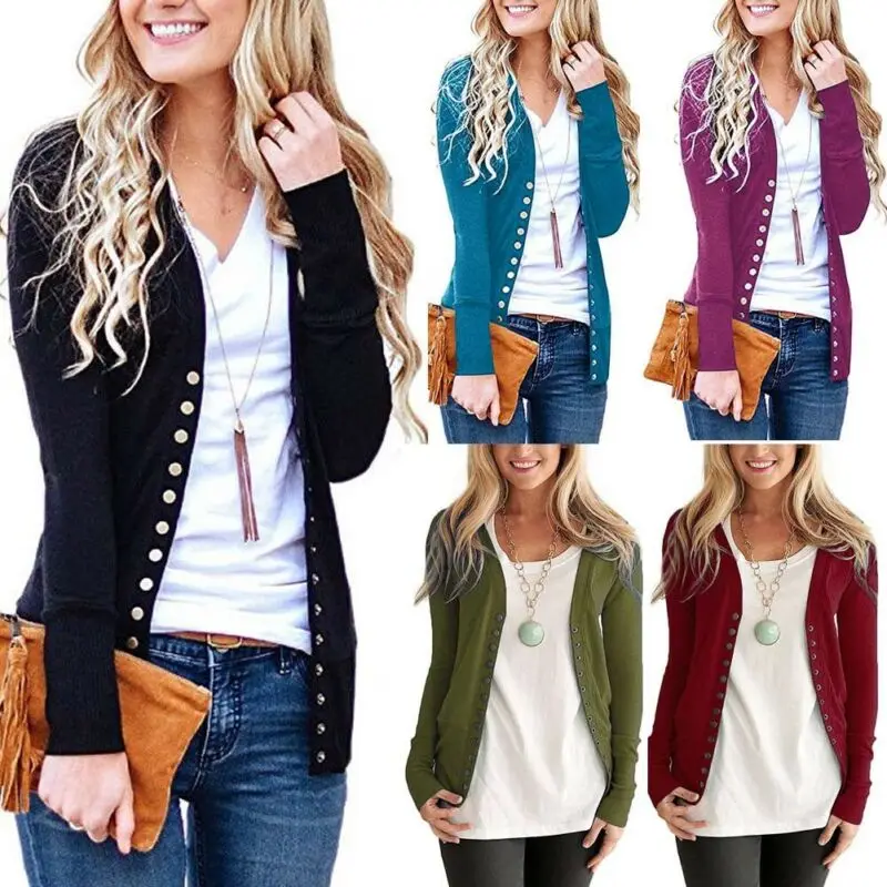 Autumn Winter Womens Retro Long Sleeve V Neck Snap Button Cardigan Outwear Knitwears Sweater Black Wine Red Purple |