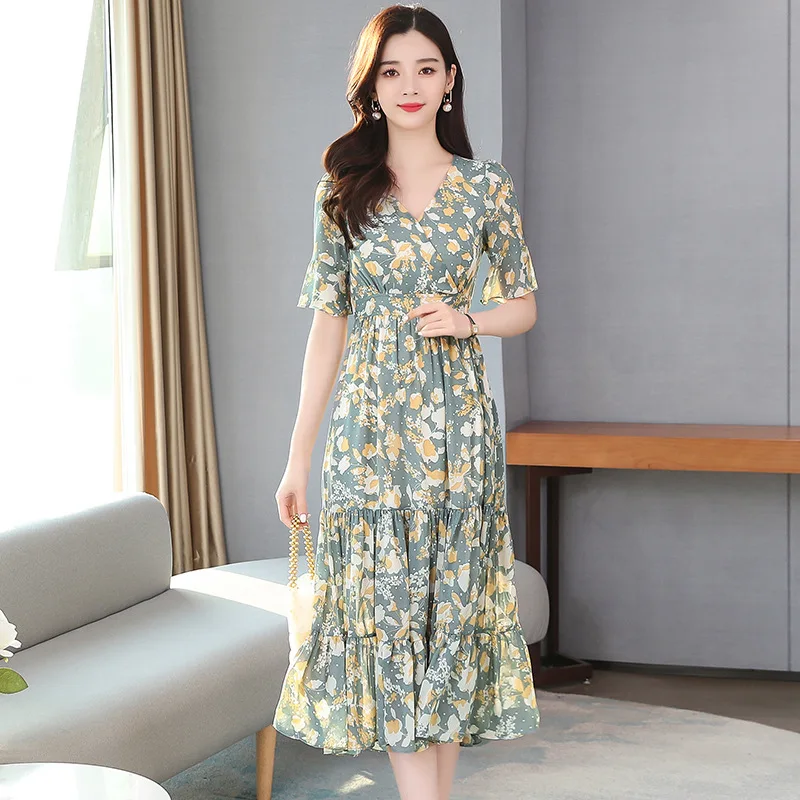 

Fashion Women Summer Floral Print Bohemian Beach Midi Dress Sexy V Neck Short Sleeve Elegant Ladies Dresses Cute Vestidos