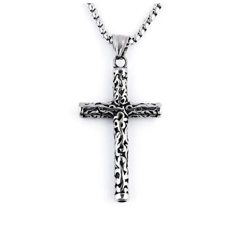

Mens Fashion Carving Cross Pendant Necklace Vintage Style ReligiousTitanium Steel Long Chain Trendy Punk Cross Necklace Jewelry