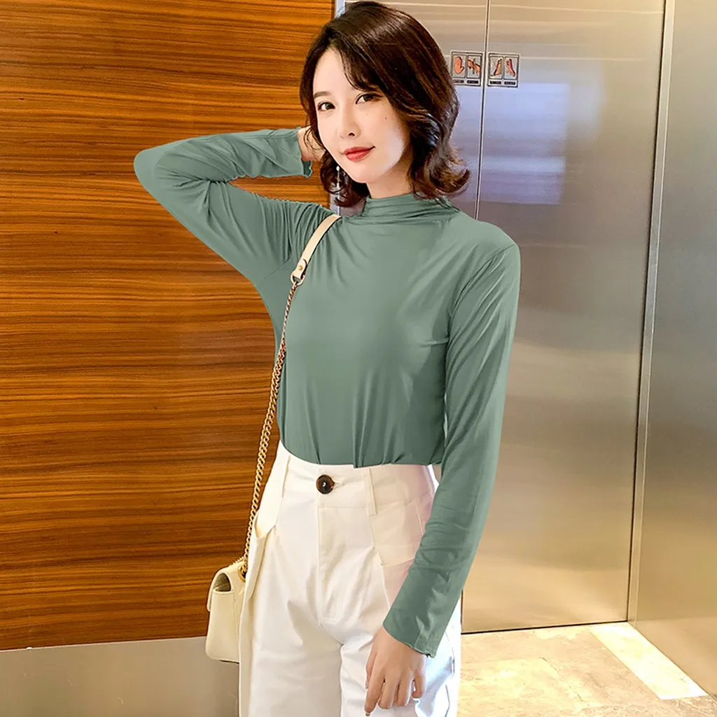 Женские однотонные топы с высоким воротником и длинными рукавами элегантный