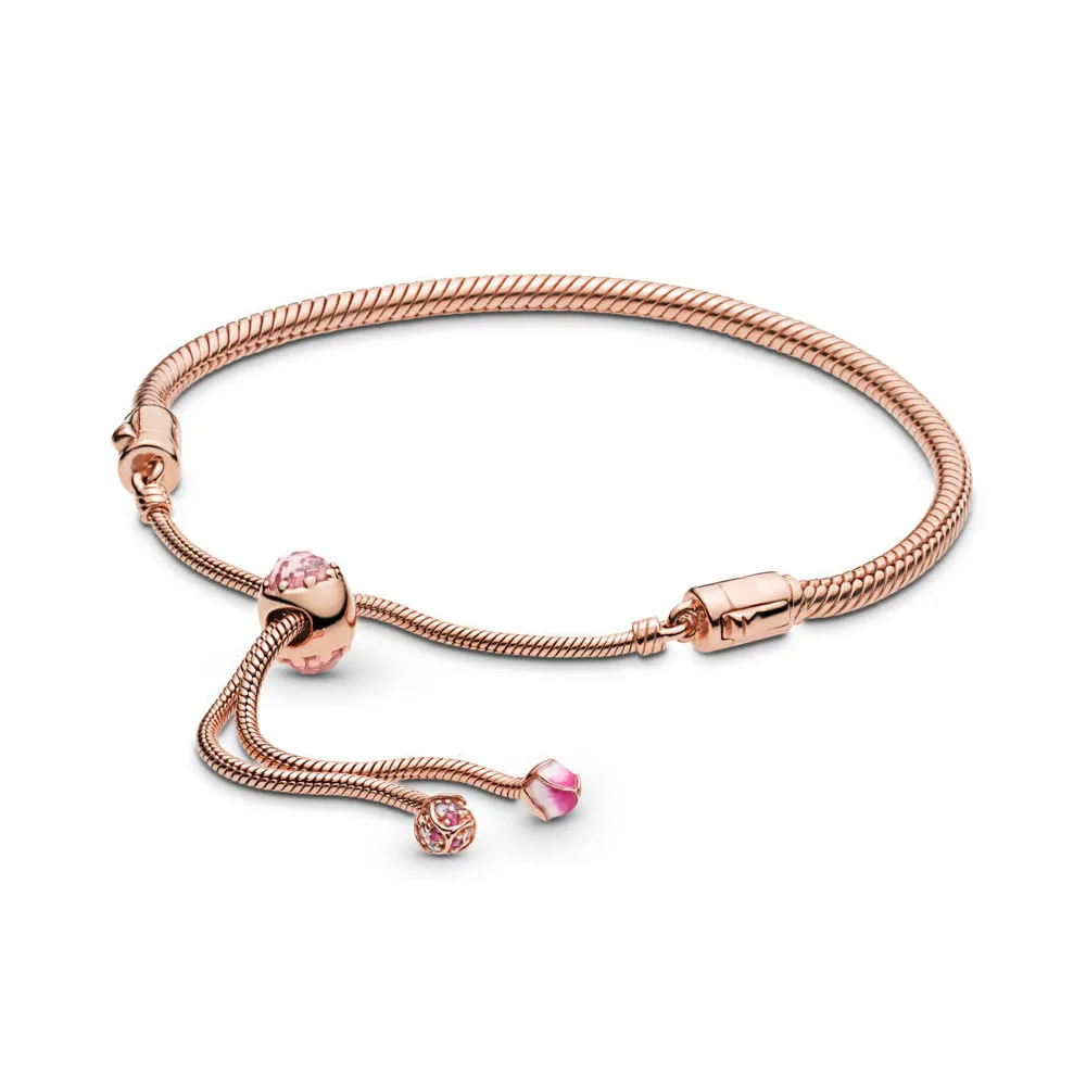 

Fashion 925 Romantic Silver Peach Glamour Rose Gold Sliding Adjustable Bracelet Basic Convenient For Beaded Crafts Women