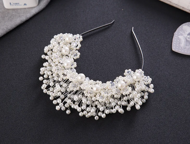

Korean bride Hand-made Pearls Bridal Headband With Crystals Bride Crown color metal pink head flower Wedding Hair Accessory