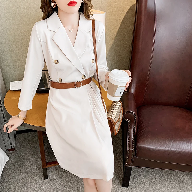 

SuperAen 2021 New Solid Office Lady Notched A Line Casual Pleated White Suit Woman Dress