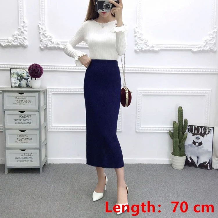 blue-length 70cm 60-70 см эластичные женские юбки осень зима теплая трикотажная прямая юбка ребристая юбка средней длины черная - Цвет: blue-length 70cm