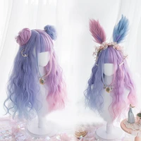 2020 cosplaymix lolita 65cm long curly purple mixed blue ombre bangs with buns headband japan cute ladies cosplay synthetic wig