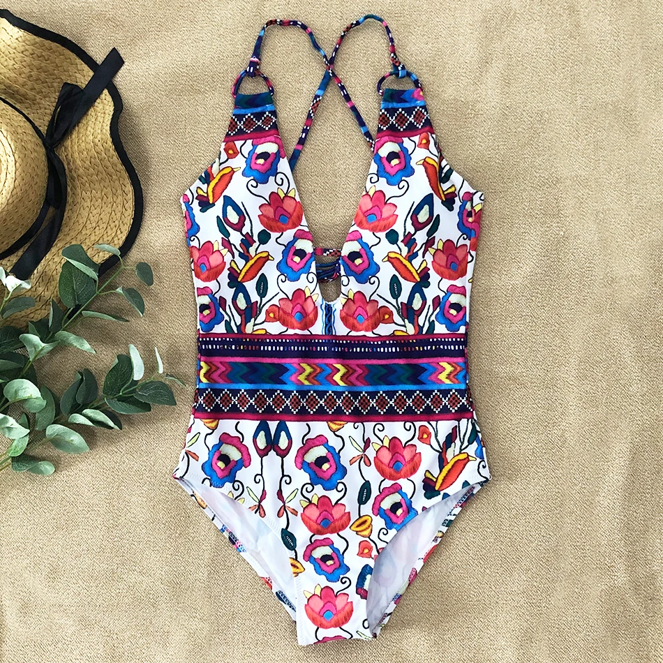 Женский слитный купальник с цветочным принтом сексуальный глубоким v образным