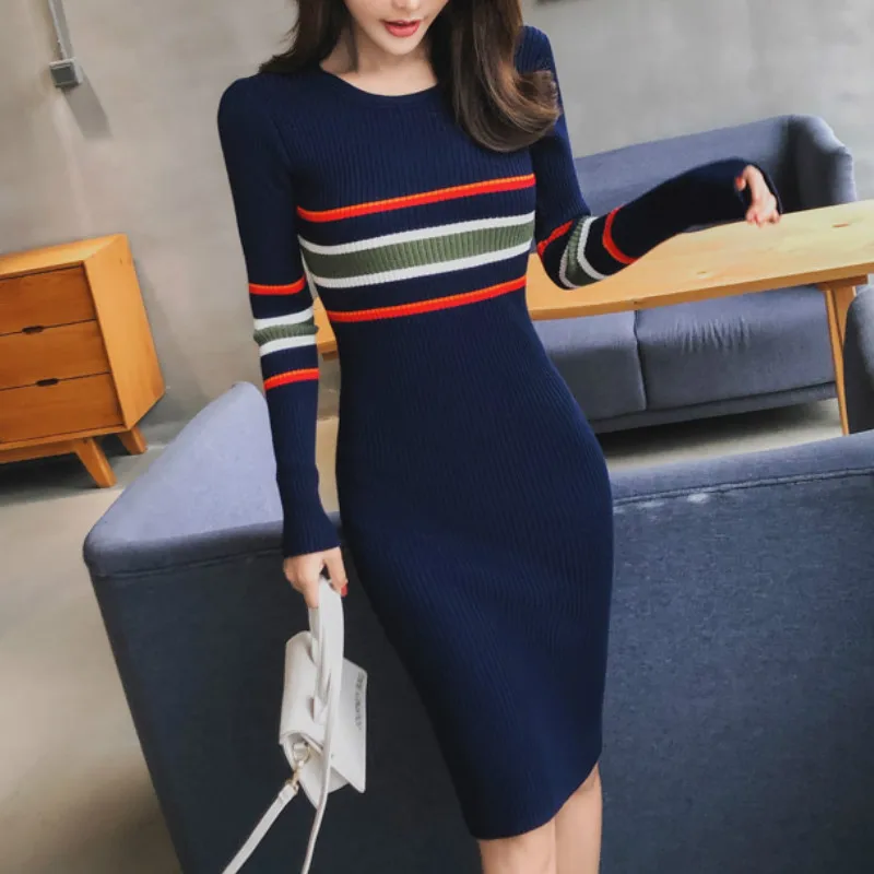 

Autumn Stripe Sweater Dress for Women Elegant Long Sleeve Midi Korean Bodycon Dresses Party Slim O-Neck Patchwork Vestidos 2020