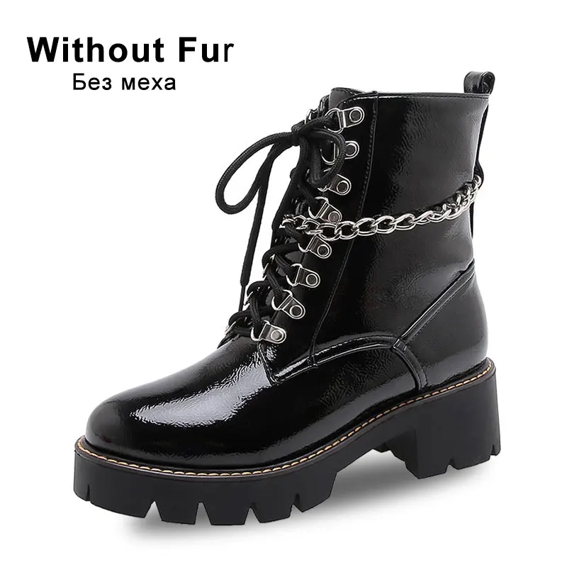 black without fur FITWEE, женские ботильоны с заклепками, женские туфли в стиле панк из лакированной кожи, Теплые повседневные весенне-зимние женские ботинки на меху, размер 34-43 - Цвет: black without fur