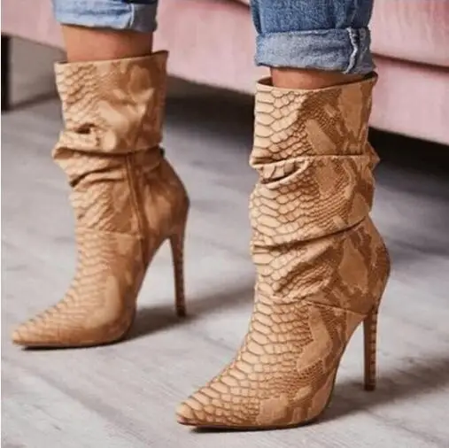 

Stylish Snakeskin Heeled Pointed Toe Calf Boots Pointed Toe Python Leather High Heel Short Bootie Plus Size 10 Customized