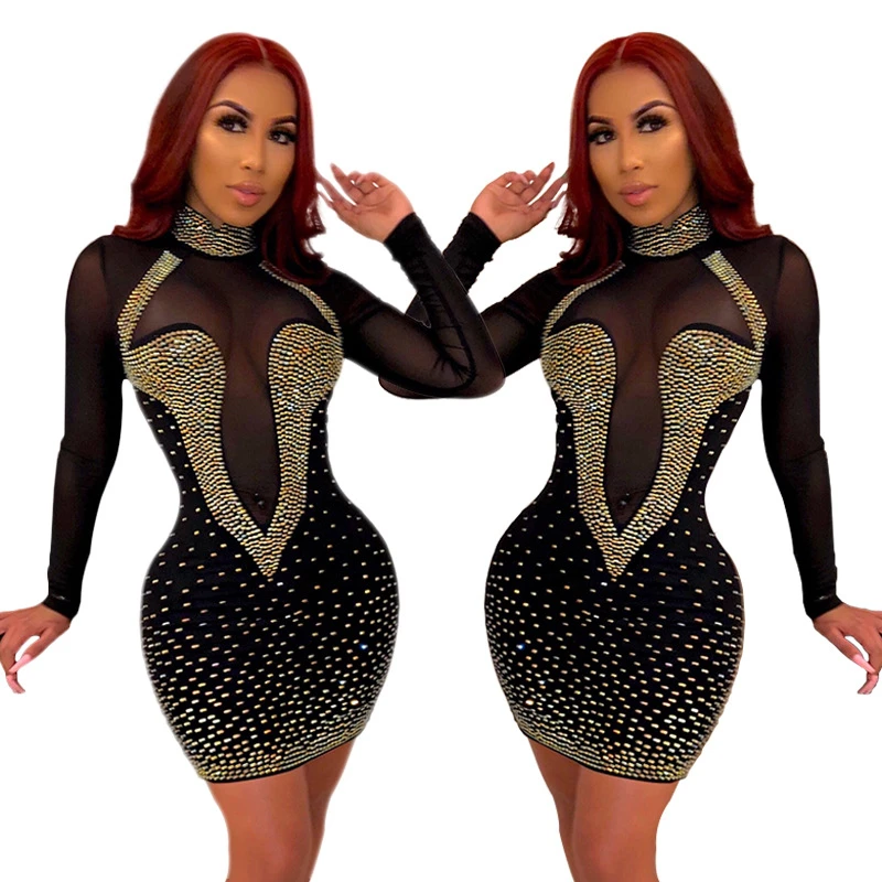 Adogirl бриллианты Sheer Mesh Bodycon Клубное платье Водолазка с длинным рукавом Женские