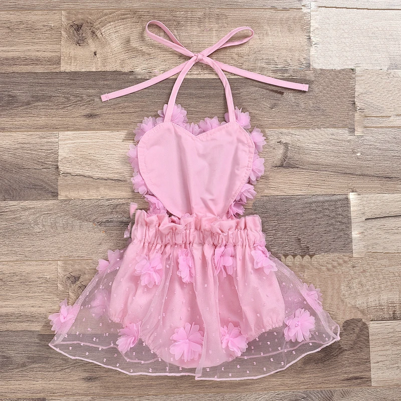 

Flofallzique 2019 Cute Girls Jumpsuit Sling Heart Shaped With Tulle Flowers For Outdoor Leisure Photos