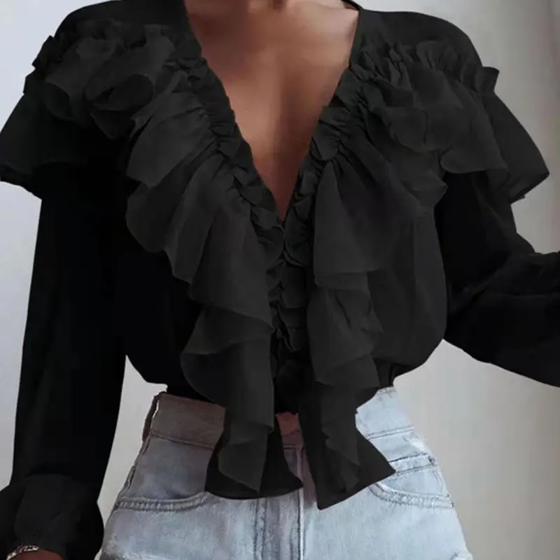 Женская шифоновая блузка с рюшами летняя длинным рукавом и V-образным вырезом
