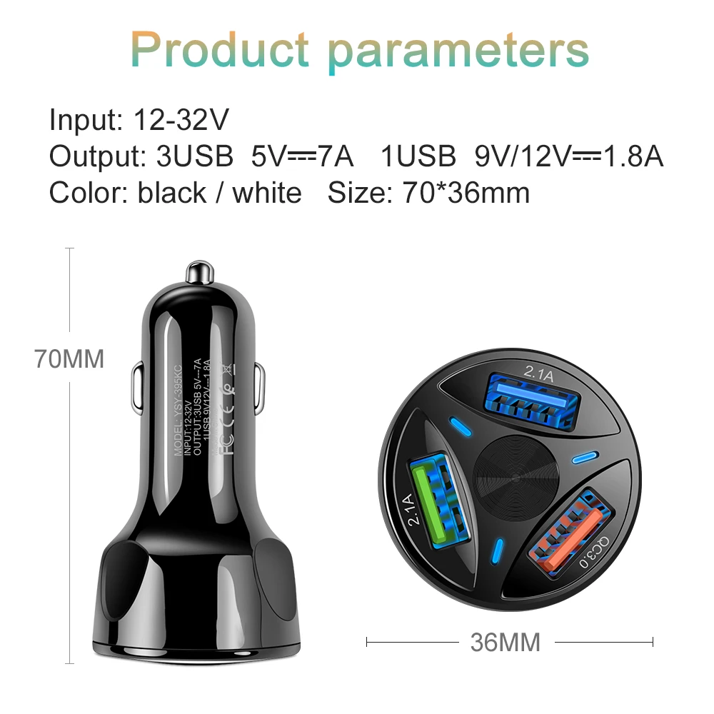 Автомобильное зарядное устройство с 3 USB портами для iPhone X 7 8 Plus Samsung S10 Xiaomi QC 0| |