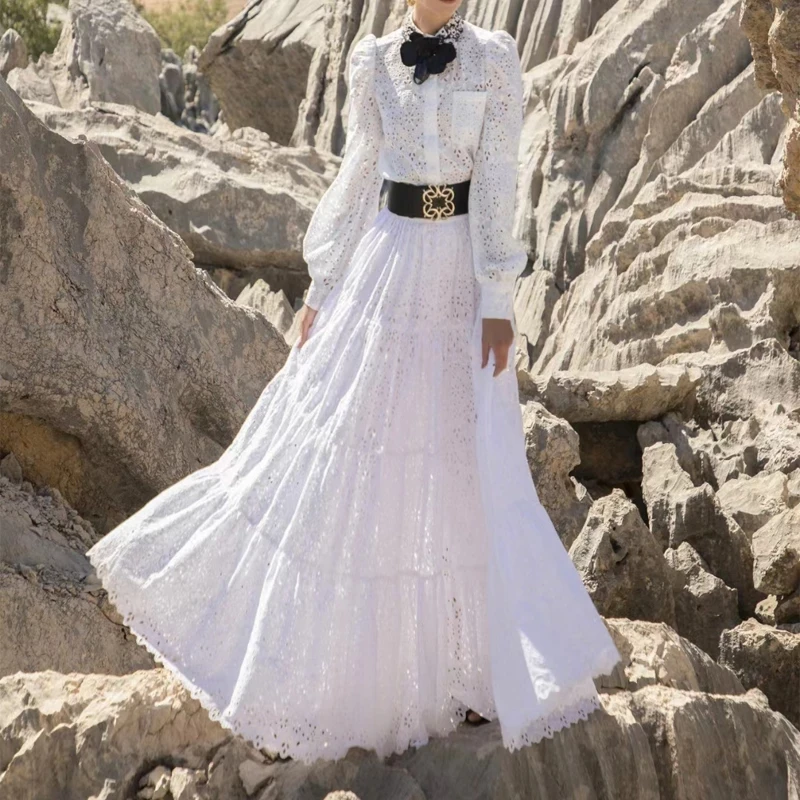 

Big brand winter women's cotton and linen embroidery hollow elegant long dress 2020New women's fashion party pleated tutu skirt