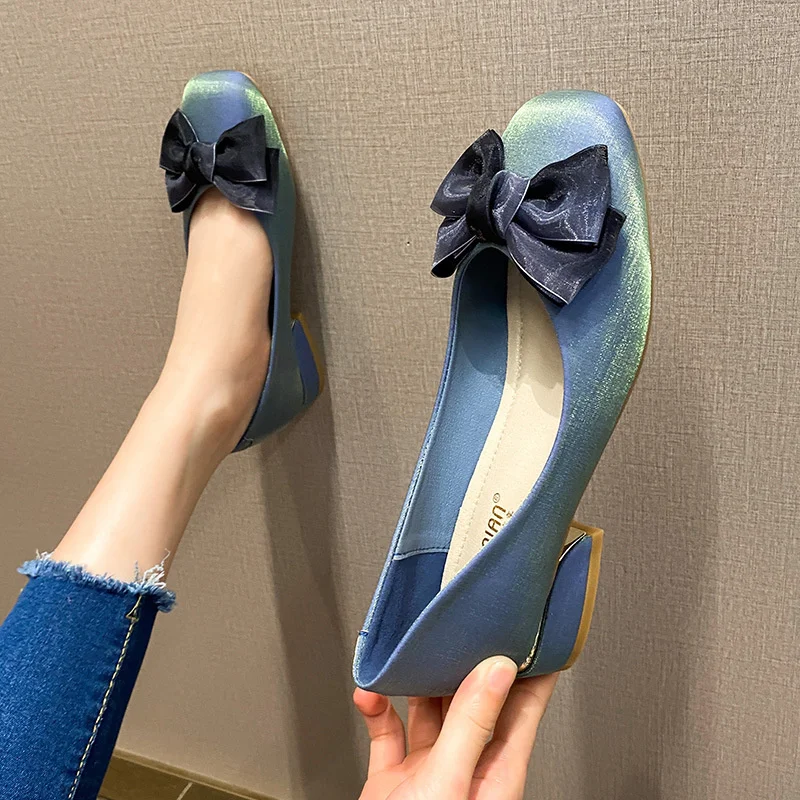 Elegant Hot Silk Butterfly-knot Mary Janes Woman Flats Thick Heels Loafers Square Toe Satin Grandma Shoes Women Plus Size 40-43