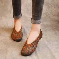 spring high quality cowhide handmade flat shoes ladies one step loafers light colored casual retro flowers ladies flat moccasins