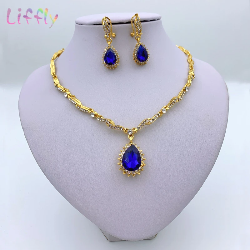 Дубай синий кристалл свадебные ювелирные изделия большое ожерелье браслет