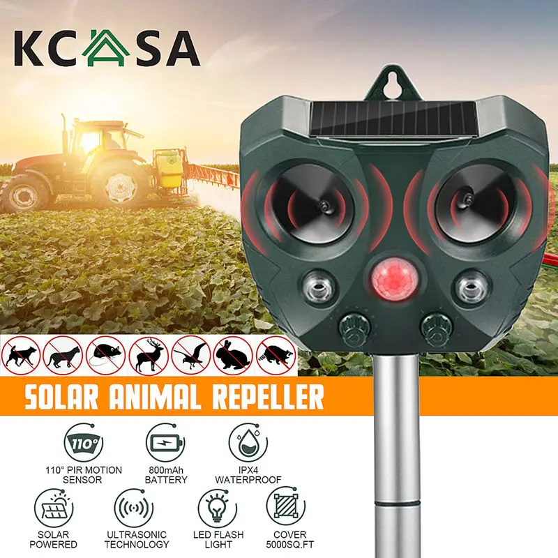 KCASA Новый Солнечный ультразвуковой отпугиватель животных PIR Датчик Открытый сад
