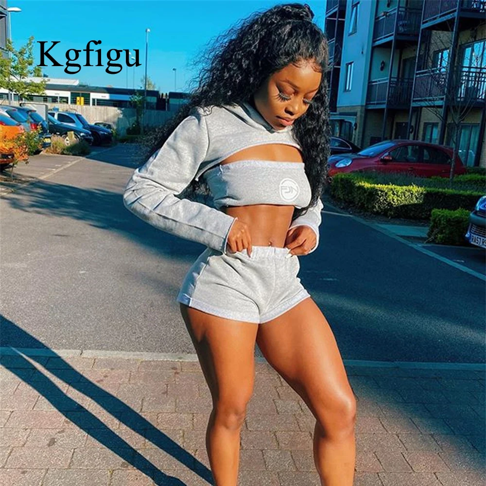 

KGFIGU осенняя одежда, комплект из двух предметов, Женский 2021 короткий сексуальный топ с длинным рукавом и капюшоном и шорты, элегантный одното...