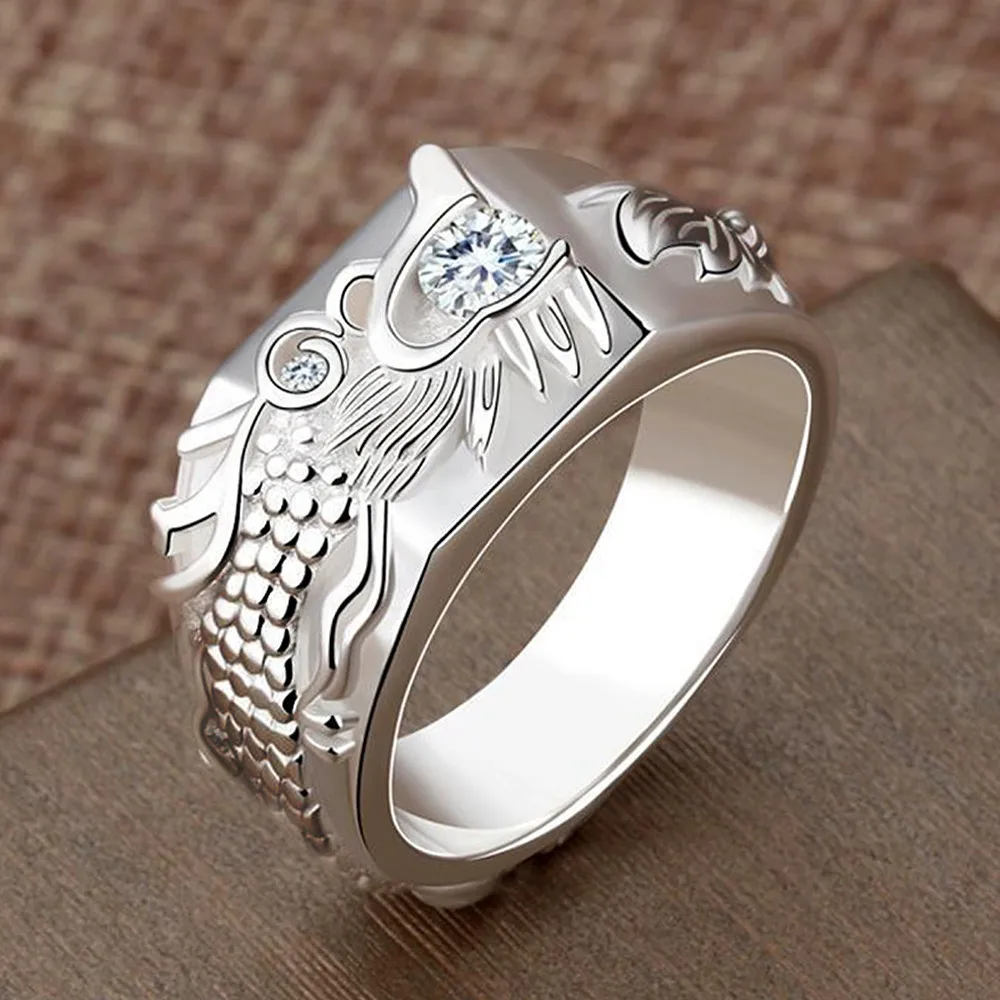 

Fashion Crystal AAA Zircon Diamonds Gemstones Dragon Rings for Men White Gold Silver Color Jewelry Band Cool Trendy Accessories