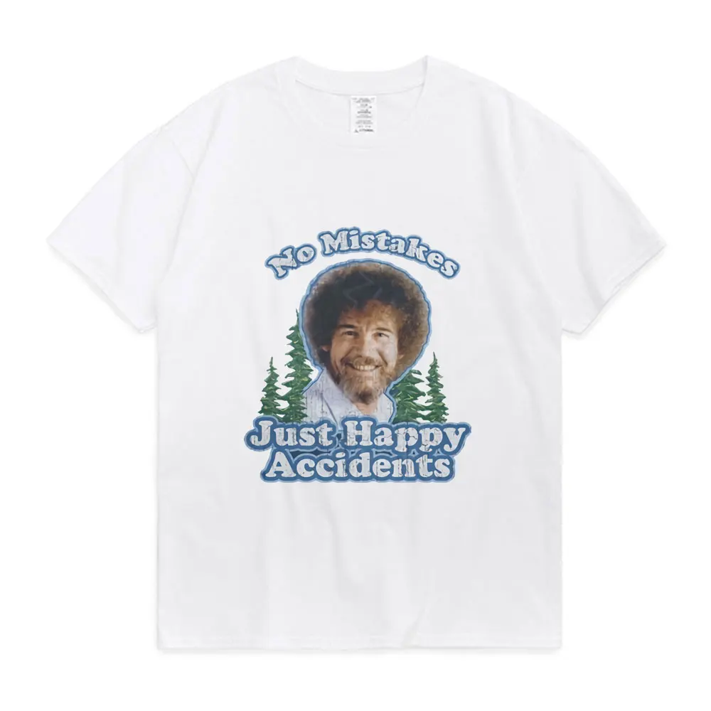 

Summer Cotton T Shirt man Bob Ross No Mistakes Just Happy Accidents print T-Shirt Men women Elegant Mountains Shirt Black Tees