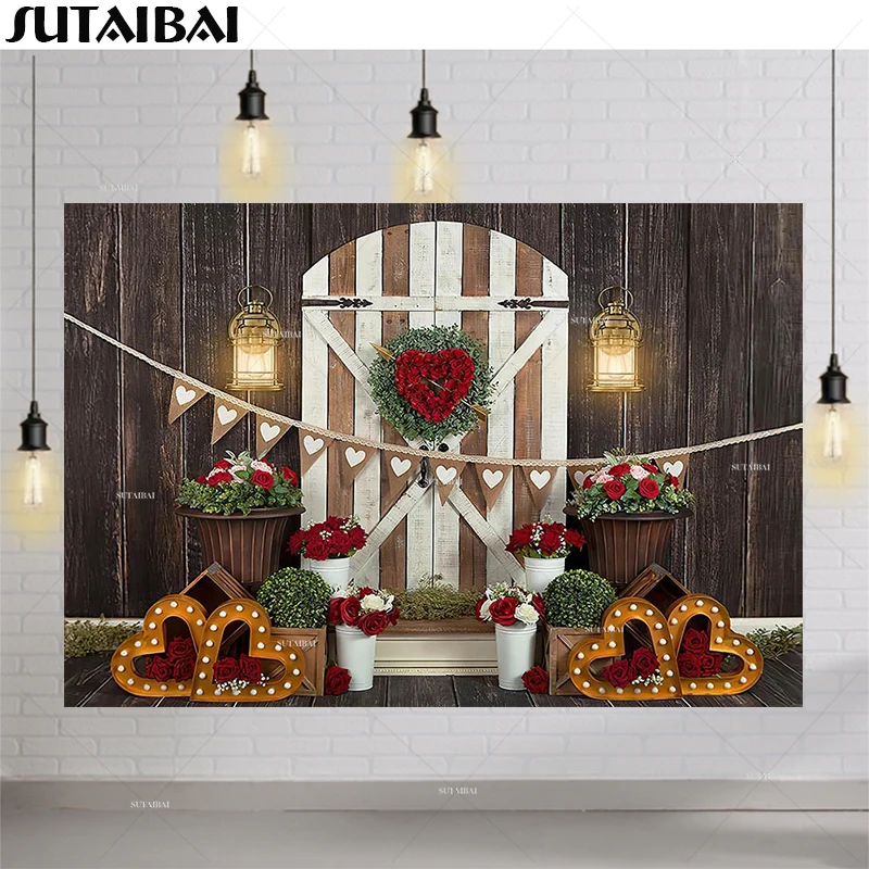 

Valentine Day Photography Backdrop Red Rose Flower Rustic Wooden Wall Light Newborns Baby Shower Anniversary Photo Background