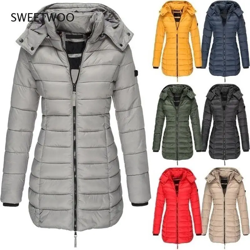 Korean Style Women's Long Parka Coats 2021 Fashion Women Autumn Winter Thicken Long Sleeve Hoody Long Sleeve Jackets