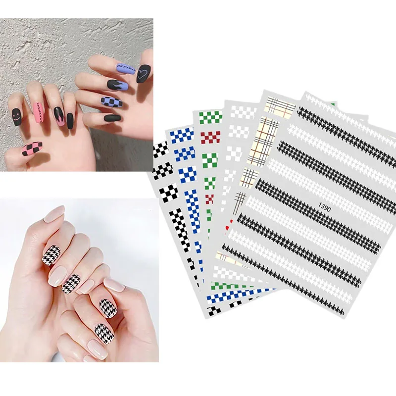 

Women's Houndstooth Print Nail Art Sticker Black White Checkerboard Klein Blue Plaid Adhesive Decals Nail Art Decoration