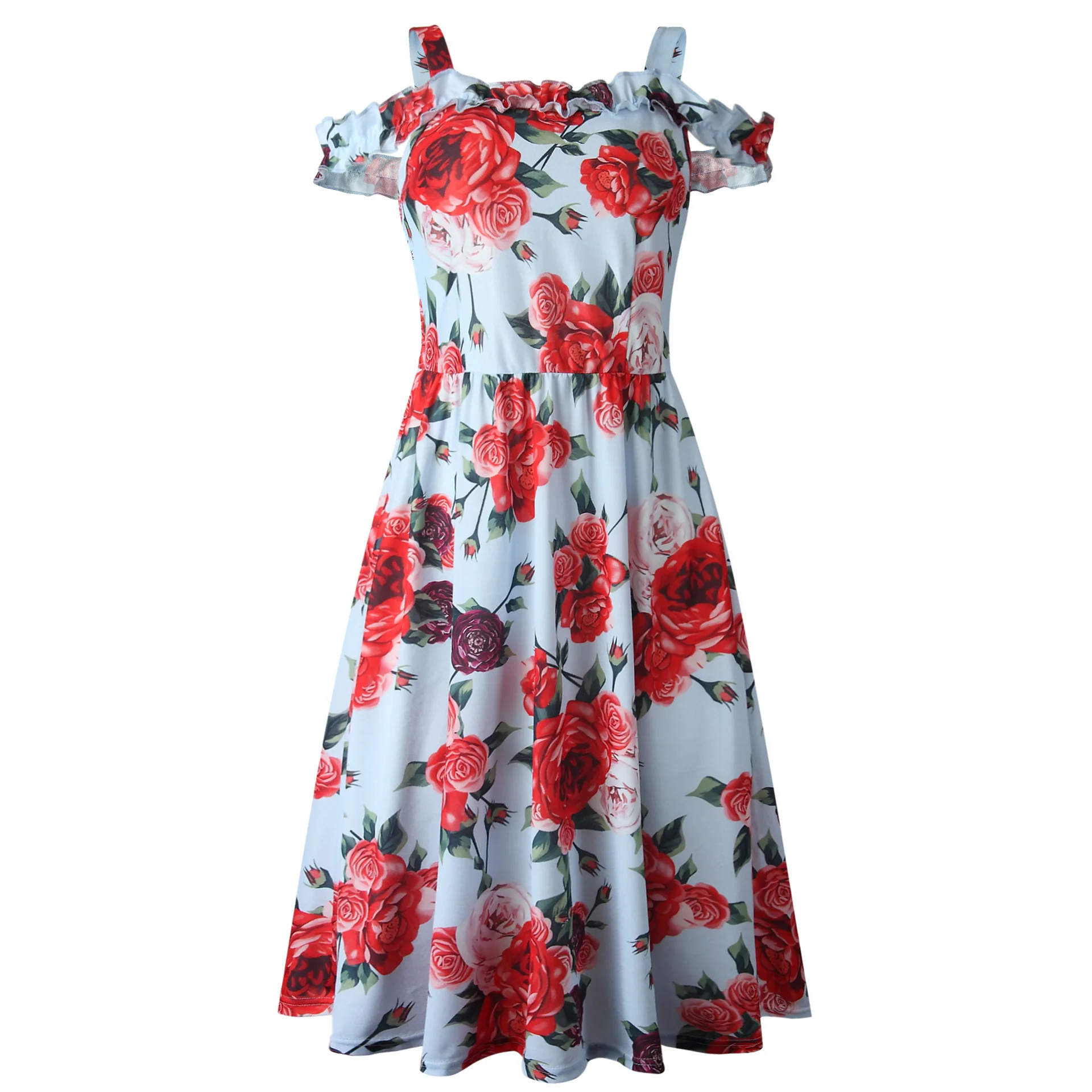 

Fashion Floral Printed Elegant Women Dress Summer 2020 Off Shoulder Spaghetti Strap Loose Dress Big Swing High Waist Vestidos