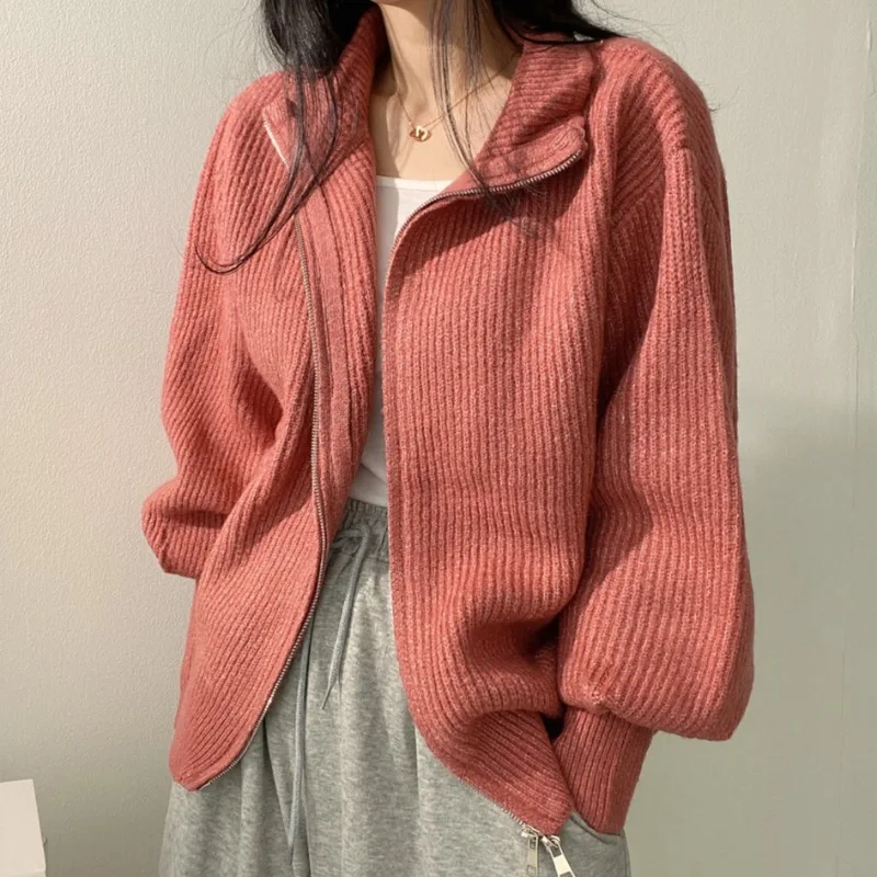 

Women 2022 Spring Autumn Zipper Knitted Sweater Cardigan Female Stand-Up Collar Loose Solid Knit Sweater Jacket Casual Tops F139